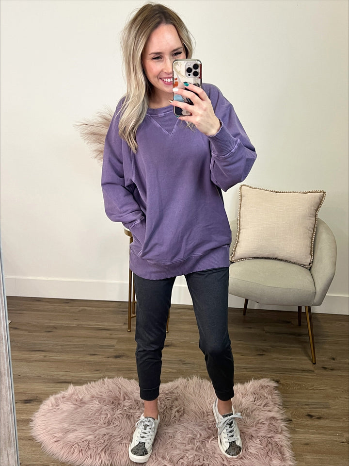 Girlfriend Crewneck Sweatshirt - Lilac Gray  Zenana   