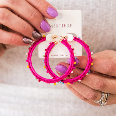 Raffia Wrapped Beaded Earrings - Hot Pink  Trendy Wholesale   