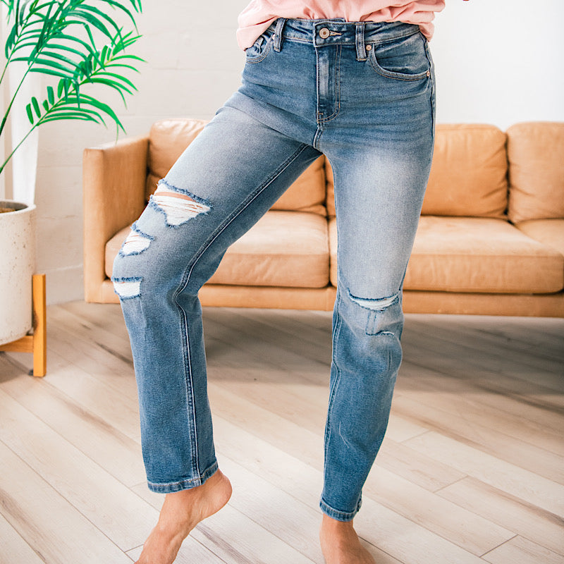 KanCan Briana Straight Distressed Knee Jeans - Medium Wash  KanCan   