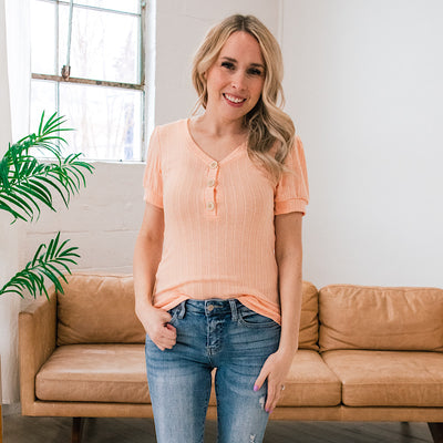 Joy Wide Ribbed Henley Top - Peach FINAL SALE  Lovely Melody   